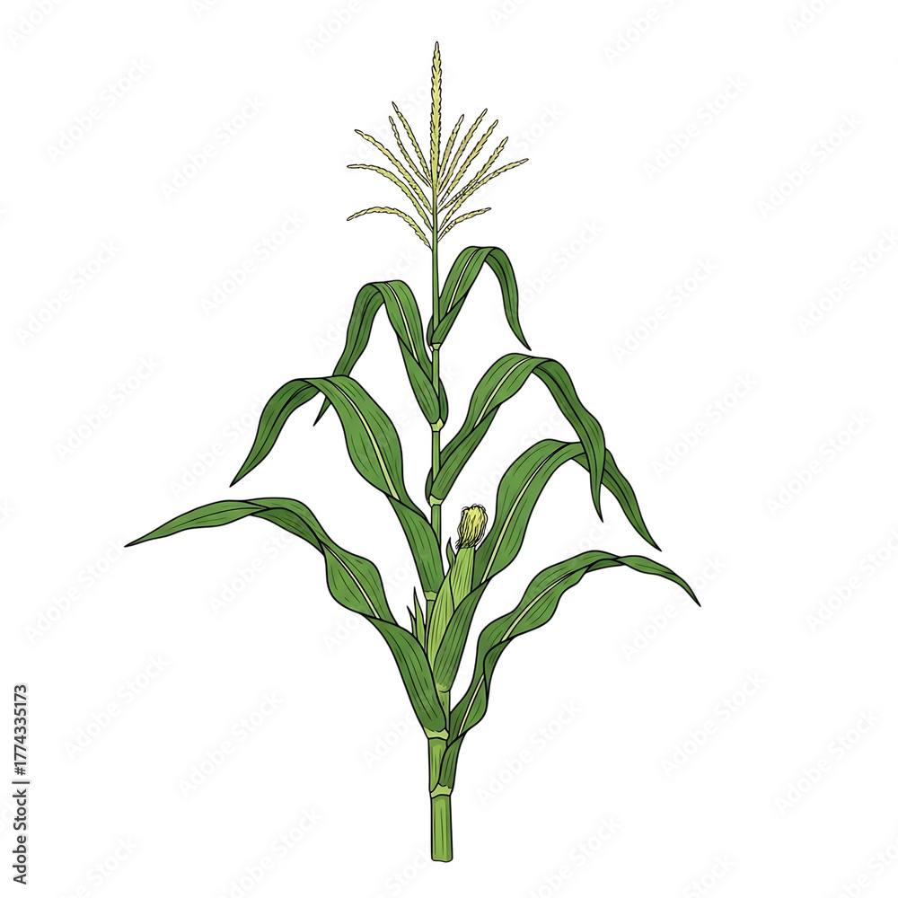 Obraz premium Corn stalk with a developing ear of corn and tassel isolated on transparent background