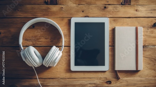 Learning management system Trendy workspace setup featuring headphones, tablet, and notebook on rustic wooden table.