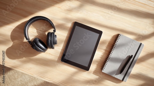 Learning management system Desk setup featuring headphones, a tablet, and a notebook on a wooden surface.