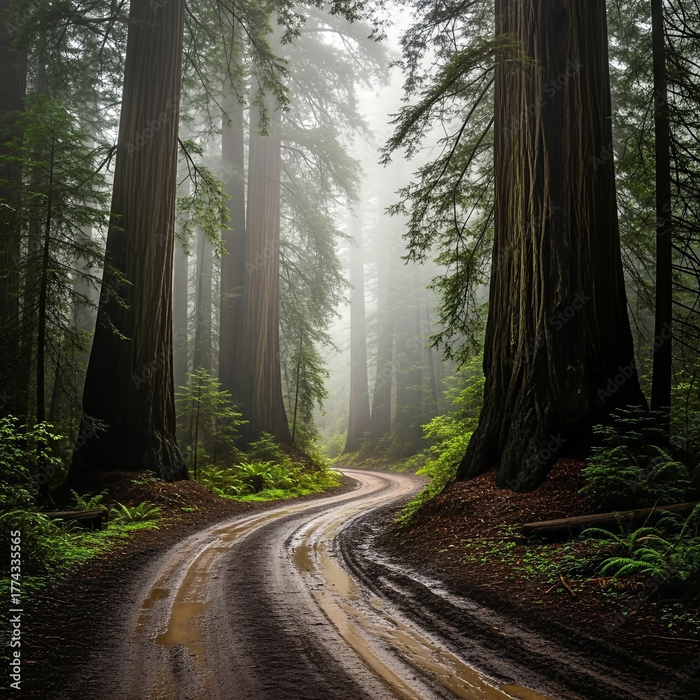 Obraz premium Misty forest road with tall trees and greenery