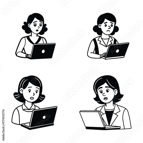 Confused Woman Working On Laptop Cartoon Icon svg