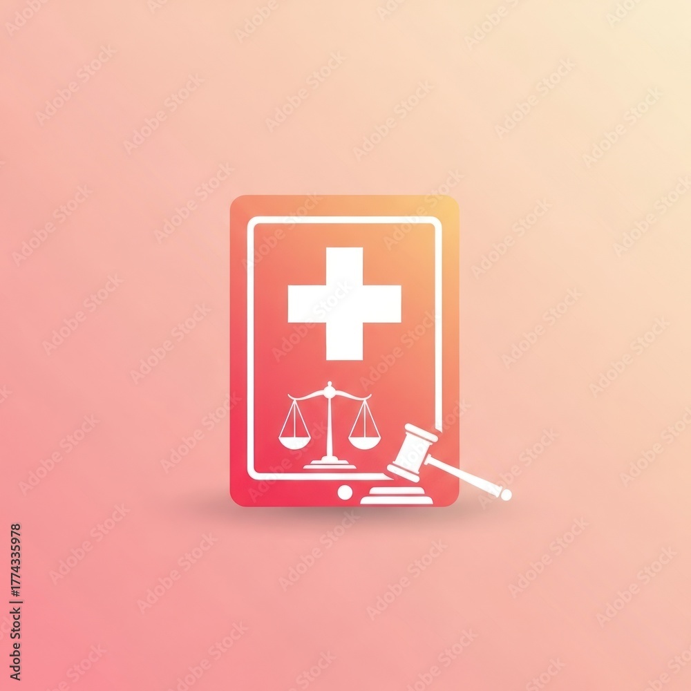 Obraz premium Medical tablet symbol with cross and scales of justice for healthcare technology