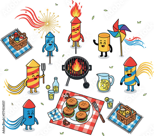 Fun cartoon fireworks and barbecue party celebration