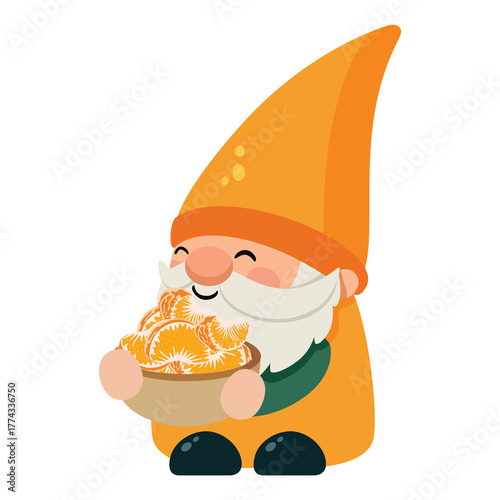 Whimsical Orange Gnome Character Holding a Bowl of Citrus Segments with a Transparent Background