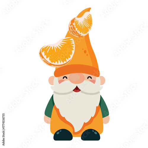 Whimsical orange gnome with tangerine slices on hat smiling happily and wearing green tunic and orange clothes isolated on white background detailed pixel art style