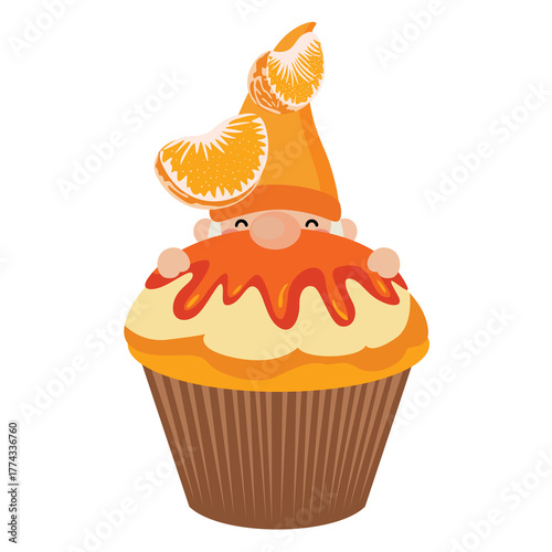Whimsical Orange Gnome Cupcake Character Wearing a Citrus Hat Adorned with Mandarin Slices with a Transparent Background