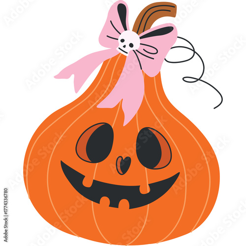 Whimsical Orange Halloween Pumpkin Character With a Pink Bow and a Cute Skull Accent Set Against a Transparent Background