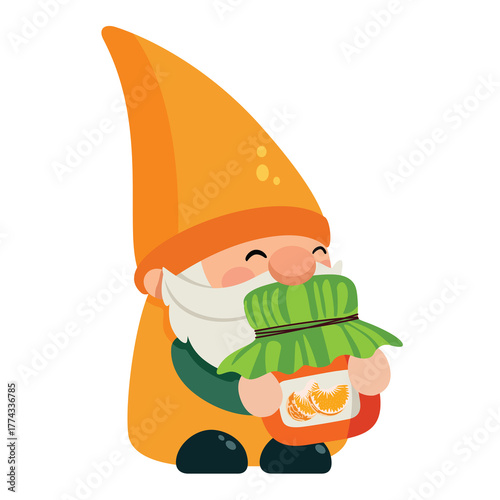 Whimsical Orange Hat Gnome Character Holding a Jar of Marmalade with a Transparent Background for Fantasy and Folklore Concepts
