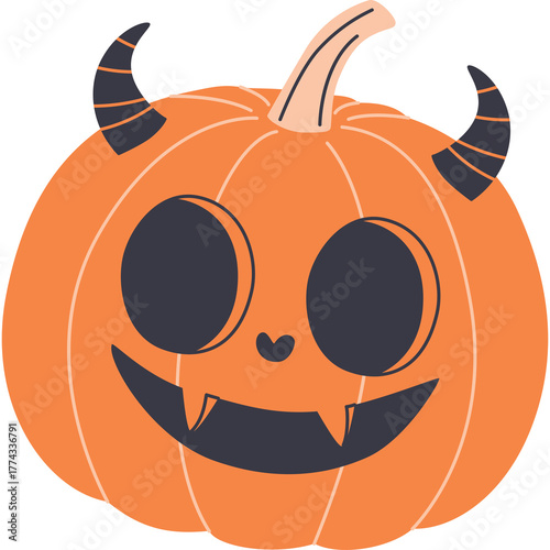 Whimsical Orange Pumpkin Character with Devil Horns and Spooky Grin Transparent Background