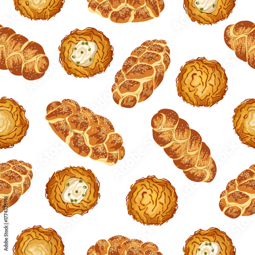 Hanukkah Holiday Food Seamless Pattern: Challah Bread, Latkes Potato Pancakes with Apple Sauce and Sour Cream Toppings
