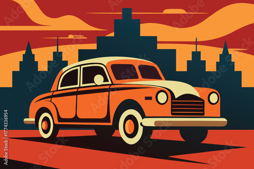 Vintage car in front of city