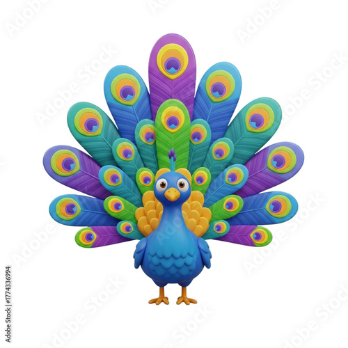 Cartoon Peacock with Fanned Feathers isolated on a transparent background