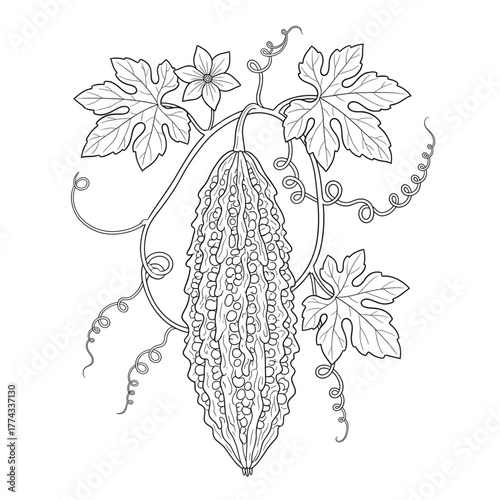 Bitter Gourd Vine Line Art Illustration – Botanical Vegetable Outline Drawing