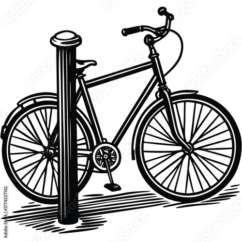 A bicycle leaning against a post, symbolizing leisure, travel, cycling, and simple transportation.