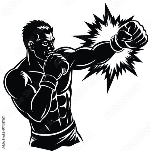 A fierce boxer throwing a powerful punch, symbolizing combat, strength, fight, and dynamic sport action.