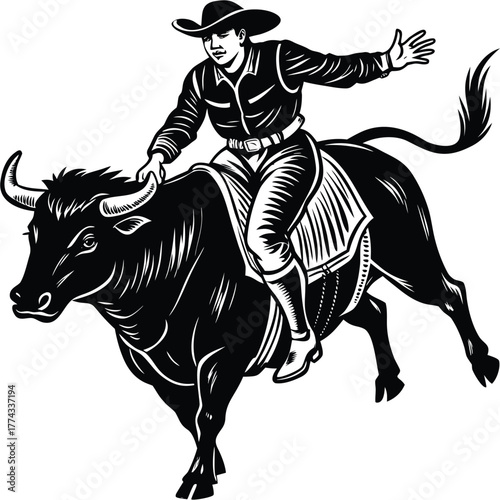 A dynamic bull rider holding on tight during a rodeo, symbolizing courage, extreme sport, and challenging feats.