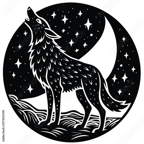 A coyote howling at the moon, symbolizing wilderness, night, solitude, and animal instinct.
