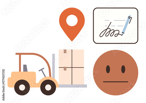 Forklift moving boxes, location pin, signed receipt, and neutral face represent delivery, tracking, and customer response. Ideal for logistics, shipping, feedback transportation e-commerce supply