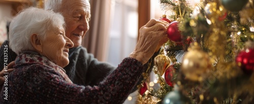 The elderly couple decorating a Christmas tree in a cozy living room together