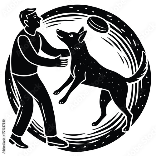 A frisbee catch by a dog and owner, representing play, companionship, outdoors, and canine fun.