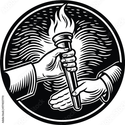 A hand passing a lit torch to another, representing legacy, mentorship, succession, and the passing of knowledge.