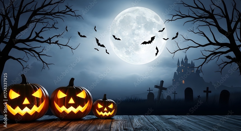 Fototapeta premium Spooky Halloween night scene with carved pumpkins, bats flying under a full moon, and a haunted house creating a chilling festive atmosphere