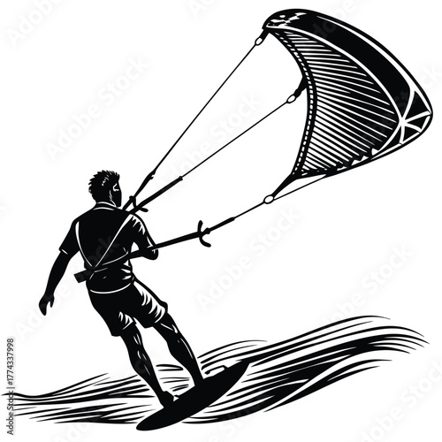 A dynamic kitesurfer pulled by the kite over water, illustrating extreme sport, freedom, wind, and ocean activity.