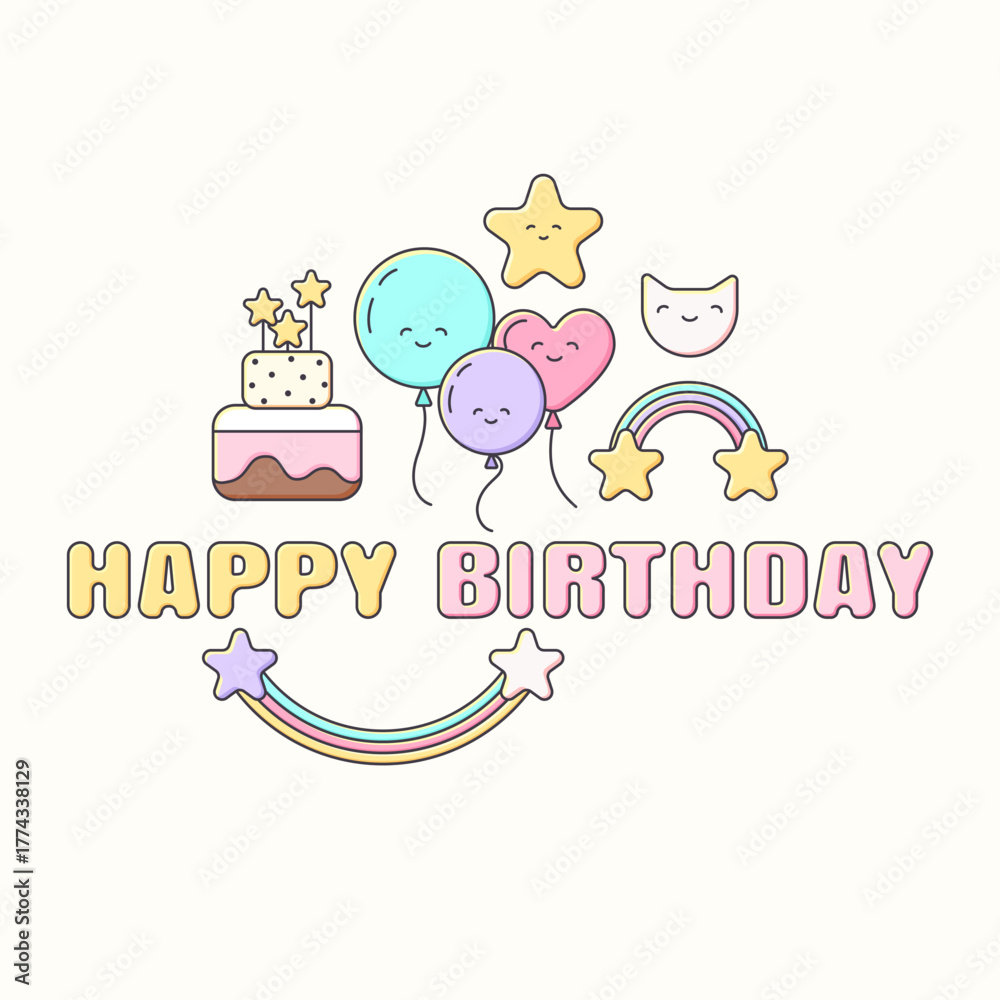 Obraz premium Happy birthday card. Cute balloons and stars.