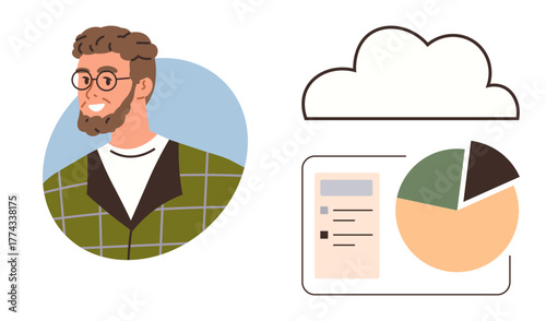 Man in a checkered shirt beside a cloud, pie chart, and document interface. Ideal for technology, cloud storage, teamwork, analytics, project management online learning and innovation. Simple flat
