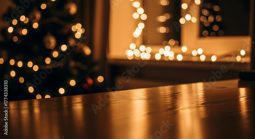 Warm holiday glow with bokeh lights and a reflective surface, perfect for festive celebrations and cozy winter scenes