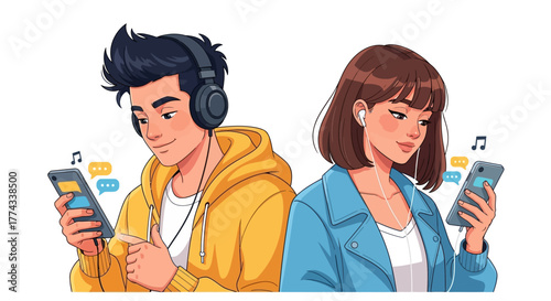Young man and woman engrossed in their smartphones, listening to music with headphones and earbuds, surrounded by chat bubbles and musical notes.