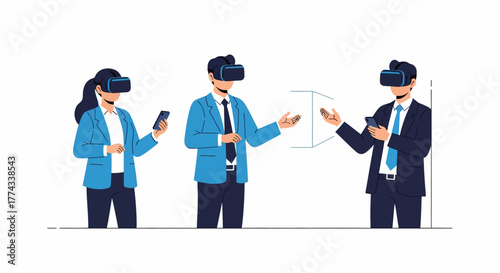 Business team wearing VR headsets and holding smartphones for a virtual meeting in the metaverse.