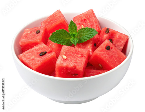 Freshly Cut Watermelon Slices in a White Bowl Garnished with Mint Leaves