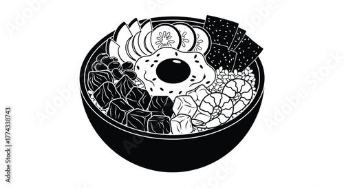 A detailed black and white illustration of a colorful breakfast bowl