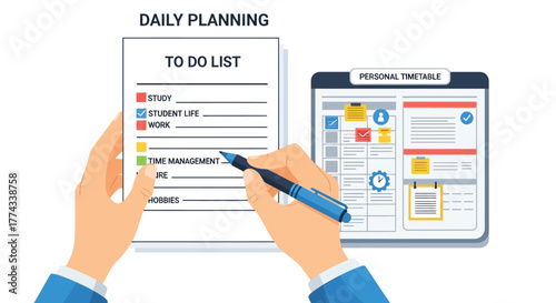 Hands writing on a to do list with a planner nearby