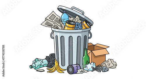 Overflowing trash can with various waste items and cardboard box