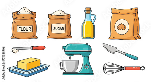 Baking ingredients collection flour sugar butter oil and kitchen tools