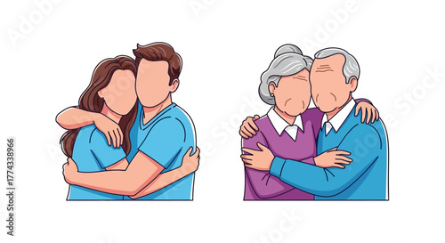 Illustrative depiction of two affectionate couples embracing warmly together