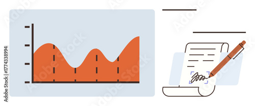 Line graph with orange trend, representing data analysis, alongside a handwritten signature on a document. Ideal for business, analytics, contracts, agreements, planning, legal professional