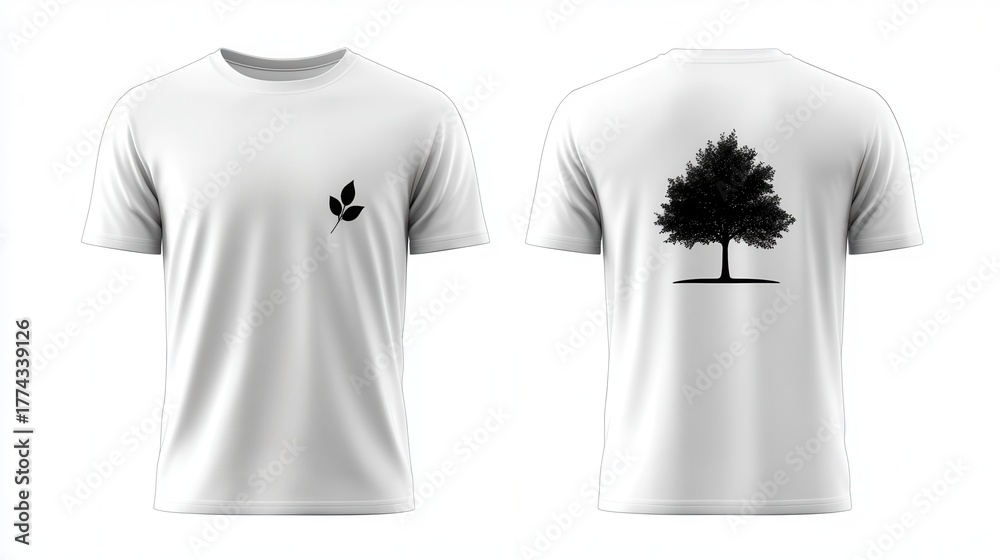 Naklejka premium Front and back view of a minimalist nature t-shirt with a small leaf print isolated on a white background