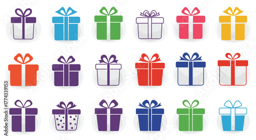 Colorful assortment of gift boxes with ribbons displayed in a grid pattern