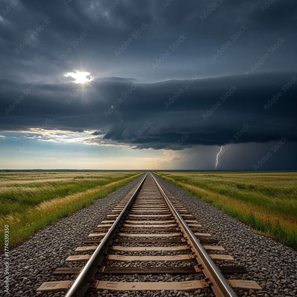 Fototapeta premium Dramatic stormy weather railroad tracks landscape