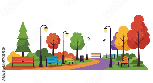 Autumn park scene with colorful trees benches and a winding path