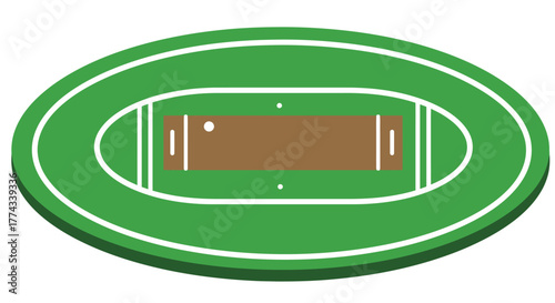 An aerial view illustration of a green cricket field with brown pitch