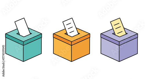 Colorful boxes with paper slips inserted into the top openings