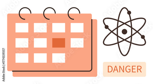 Calendar with marked date, atomic structure icon, and danger label symbolize scheduling and awareness for nuclear risks. Ideal for caution, science, safety, deadlines, warning, hazard simple flat