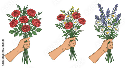 Three colorful bouquets of roses wildflowers and lavender are being held