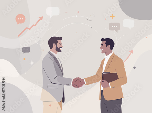 Illustration of two businessmen shaking hands, symbolizing a successful business deal, partnership, and corporate growth