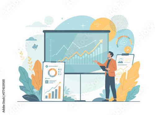 Professional businessperson delivering an insightful presentation on market trends, financial performance, and strategic data visualization for decision-making and project growth