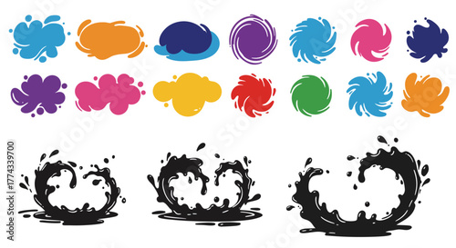 Colorful abstract splashes and swirls alongside dark ink blot shapes